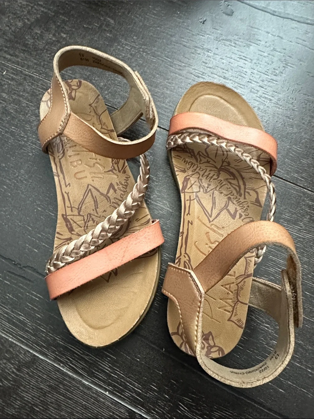 Girls Braided Strappy Sandals in Tan and Salmon